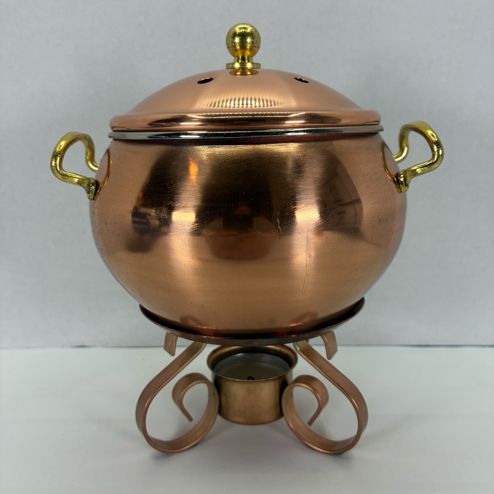 Copper and Brass Potpourri Simmering Pot with Metal Stand, Lid and Instructions
